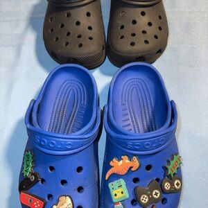 Two pair ! CROCS Kids Blue and Black Clogs with Fun Charms